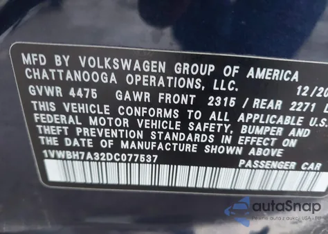 2013 Volkswagen Passat 2.5L Se from USA, damaged, VIN 1VWBH7A32DC077537